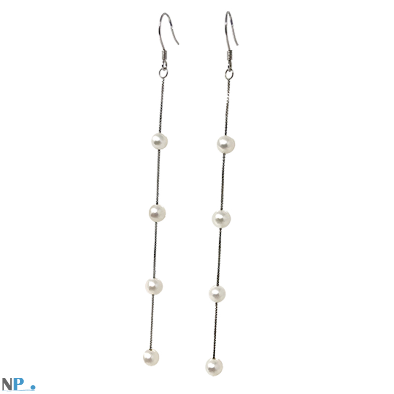 Boucles pendantes avec 8 perles de culture blanches AAA montees sur Argent Rhodie